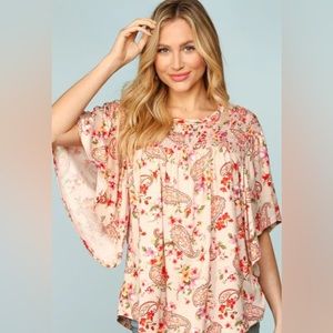 Floral Paisley Smocked Neck Short Sleeve Top - Blush/Coral